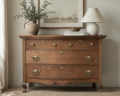 ✨ Antique Quarter-Sawn Tiger Oak Serpentine Dresser, View more