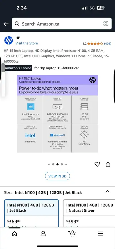 HP 15-fd0000ca Laptop - Intel N100, 4GB, 128GB, Jet Black, View more