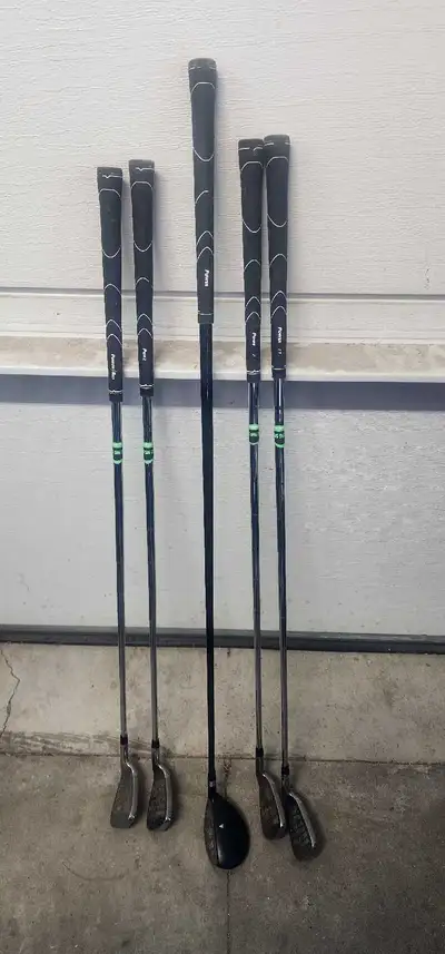 5 left hand Power built golf clubs, no bag, View more