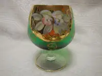 Bohemian Brandy Green Glass Gold Gilt Applied Enamel Flowers