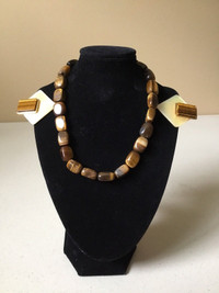 TIGER EYE CHUNKY NECKLACE 16” & CLIP ON EARRINGS 