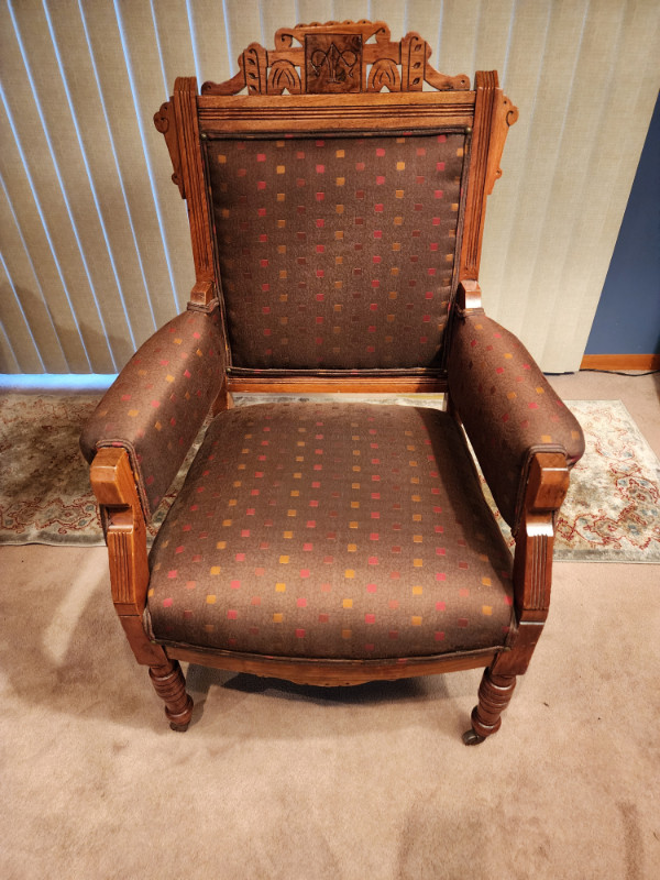 Antique Eastlake Open Arm Parlor Chair with New Upholstery and M in Chairs & Recliners in Edmonton