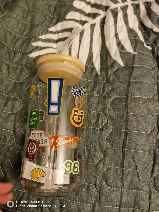 Glass water bottle wood top with glass lid w stickers book style in Kitchen & Dining Wares in City of Toronto - Image 3