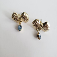Vintage Gold Toned Bow Aquamarine Blue Sapphire Dangle Earrings