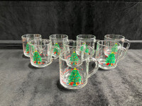 Set of 8 Vintage Glass Christmas Tree Mugs, Made in Canada