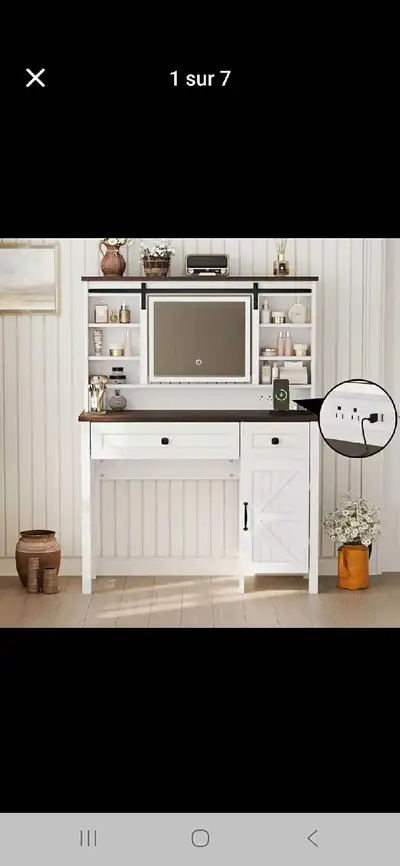 Coiffeuse avec station de charge et miroir LED, View more