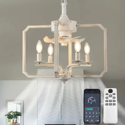 White Gold Farmhouse Chandelier Fan, 20" Ceiling Fan with Lights, View more