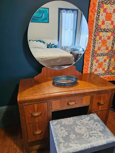 Antique Vanity with Mirror and Stool, View more
