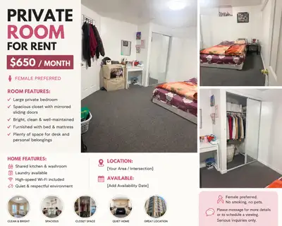 Private Room for Rent A clean, quiet, and comfortable private room is available in a well-maintained...