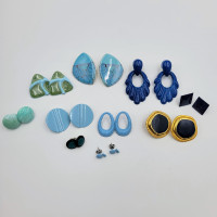Blue Vintage Earrings Lot  10 Pairs Costume Jewelry Pierced Ears