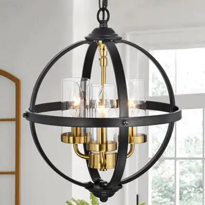 New 3-Light Rustic Orb Chandelier • Black & Gold Metal • BNIB, View more
