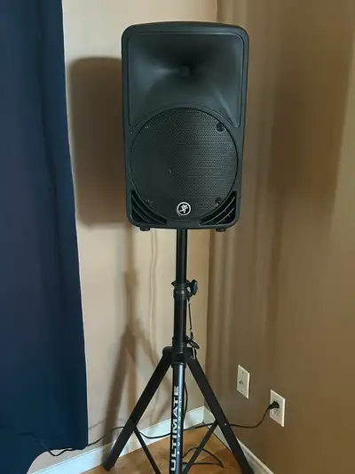 2 × Mackie SRM350 v2 Powered Speakers + Ultimate Support Stands, View more