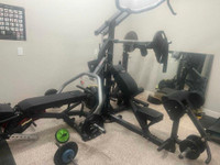 Full home gym with weight plates and weight rack