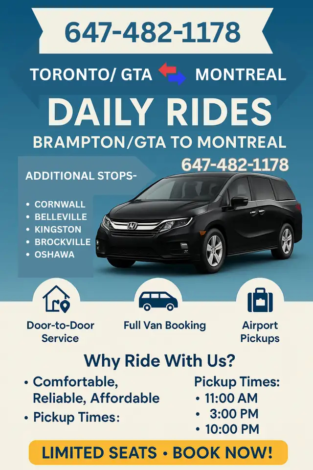Daily Rides Brampton/Toronto to Montreal in Rideshare in Mississauga / Peel Region - Image 2