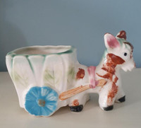 Vintage donkey pulling cart planter vase hand painted Japan
