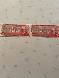 2 1975 Canada $50 bank notes  Lawson Bouey RCMP musical ride 