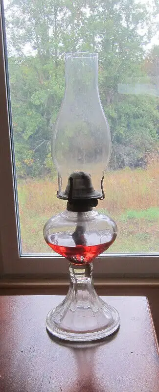 Fluted Base Antique Pressed Glass Oil Lamp - Works Well, View more