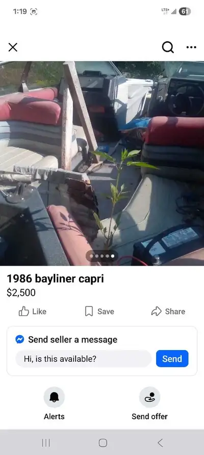 1986 bayliner capris boat with a 125 Chrysler force motor. In good shape. Runs.