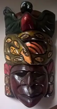 Native American Carved Wooden Totem Pole Mask with Snake.