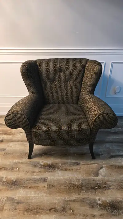 Wingback Chair + Ottoman Set — "Rodeo" Style, Gold Scroll Fabric, View more