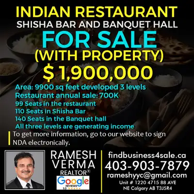 Indian Restaurant, Shisha Bar and Banquet Hall sale with Property