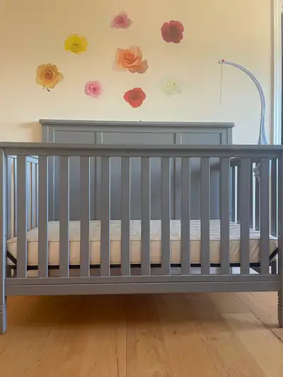 Grey crib with organic mattress, View more
