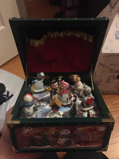 Christmas Wind Up Musical Moving Toys Wooden Chest Box Plays Toyland 5x6x5 Inch vintage Plays “we wi...