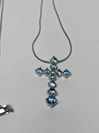 Blue Topaz Cross Pendant Natural Gemstone on 18" Chain Sterling , View more