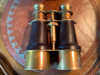 Ant/Vtg Brass & Leather Wrapped Binoculars w Leather Case
