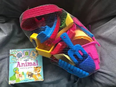 Beach toys/sandbox/water table toys plus memory game, View more