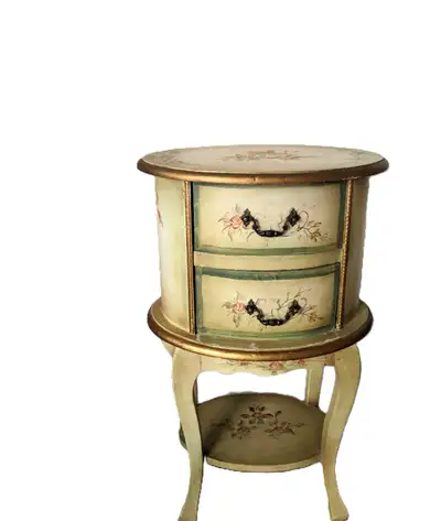 Elegant antique vintage chest / night table with two drawers and an oval top. Measurements: Height:...