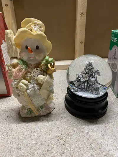 Christmas decorations. Snow globe and snowman. 