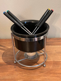 Black fondue pot butter warmer bowl set with 4 dipping forks