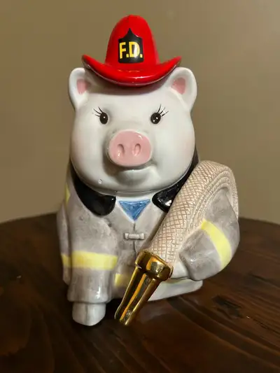 Adorable and hard to find Mud Pie Firefighter ceramic Piggy Bank (2001) — a perfect gift or collecti...