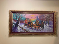 49x26 beautiful hand sworn wool picture (horse carriage)