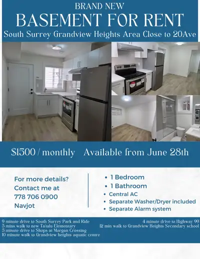 For rent 1 bedroom 1 bath basement  in South Surrey Grandview