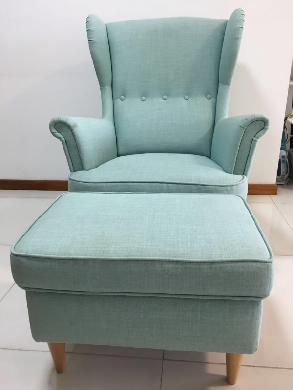 IKEA teal strandmond wingback chair and foot stool Chairs & Recliners