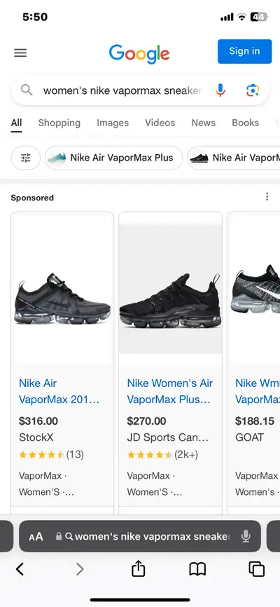 size 7 womens- nike vapourmax sneakers but fit like an 8 imo smoke free clean worn once sell for 300...