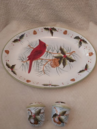 "Winter Cardinal" Turkey Platter with Salt & Pepper Shaker Set!