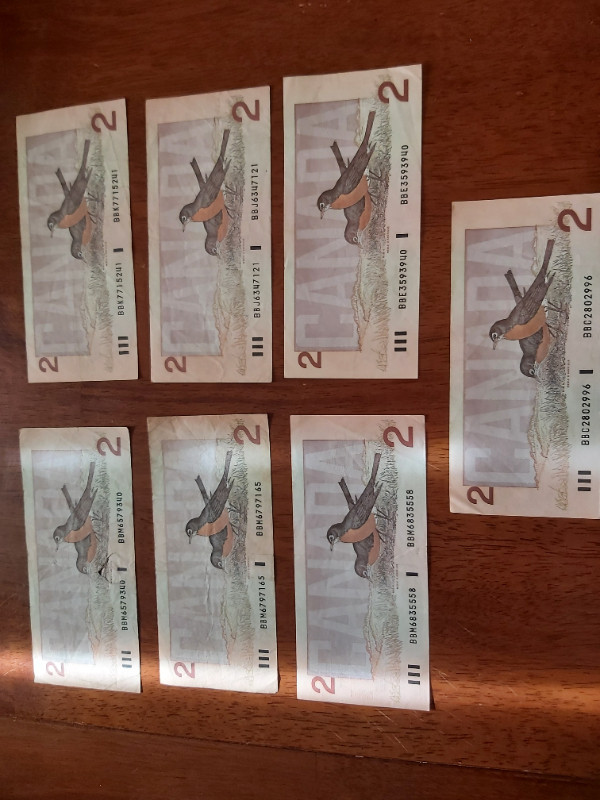 Set of 7 B of C 1986 $2 Bills Thiessen Crow Large B's Small B's in Arts & Collectibles in Saint John - Image 4