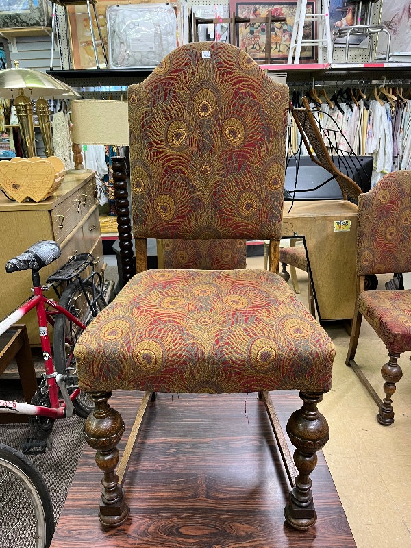 6 Antique Dining Chairs Solid Oak Frame Peacock Upholstery Arts