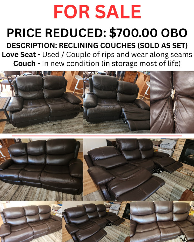 leather reclining couch and love seat - price reduced to sell in Couches & Futons in Vernon