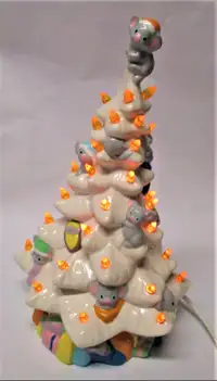 Vintage White Porcelain Christmas Tree with Lights & Teddy Bears