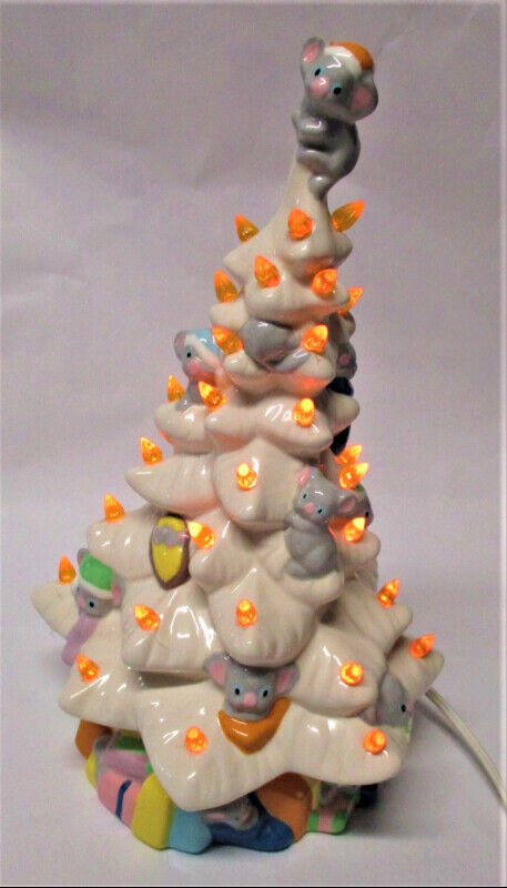 Vintage White Porcelain Christmas Tree with Lights & Teddy Bears, used for sale  