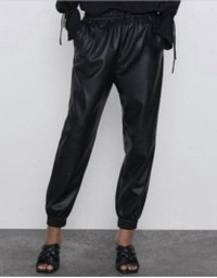 Zara Black Faux Leather Joggers (Women) - Size Medium