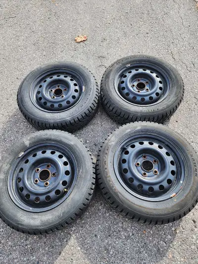 These are a set of four winter tires, size 15, mounted on steel rims, ready to bolt on and provide e...