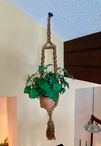 Vintage 4’ Macrame plant hanger, large faux ivy plant in basket