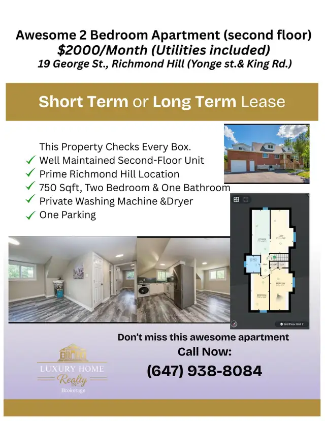 2 Bedroom Apartment in Richmond Hill $2000/Month All include