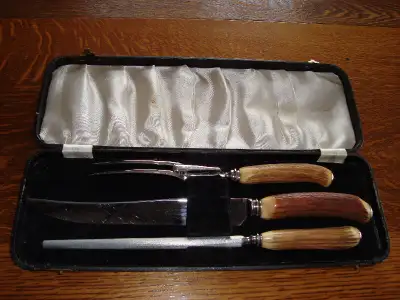VINTAGE ANTLER HANDLED CARVING KNIFE SET, View more