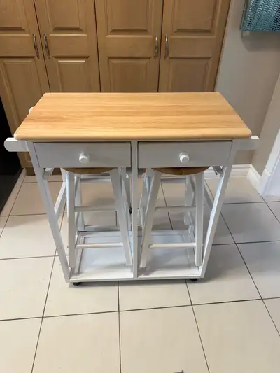 Rolling kitchen island / breakfast bar with two stools , View more